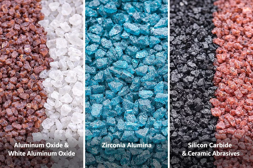 Materiales abrasivos utilizados en discos de corte, incluyendo óxido de aluminio, óxido de aluminio blanco, zirconio-alúmina, carburo de silicio y abrasivos cerámicos
