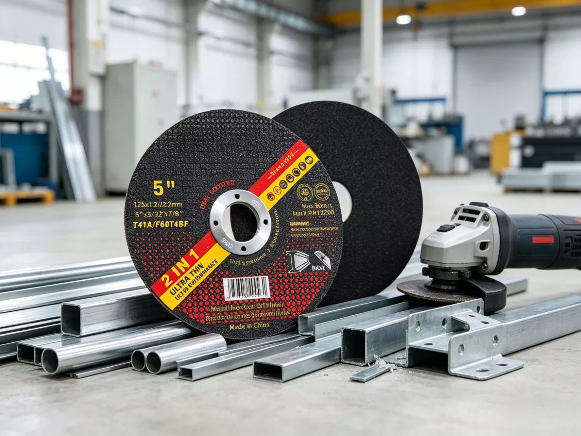 Disco de corte ultrafino T41 de 125 mm y 1,2 mm, utilizado con amoladoras angulares de 5 pulgadas para cortar tubos de acero de pared delgada, perfiles de acero inoxidable y chapa metálica en líneas de producción industrial.