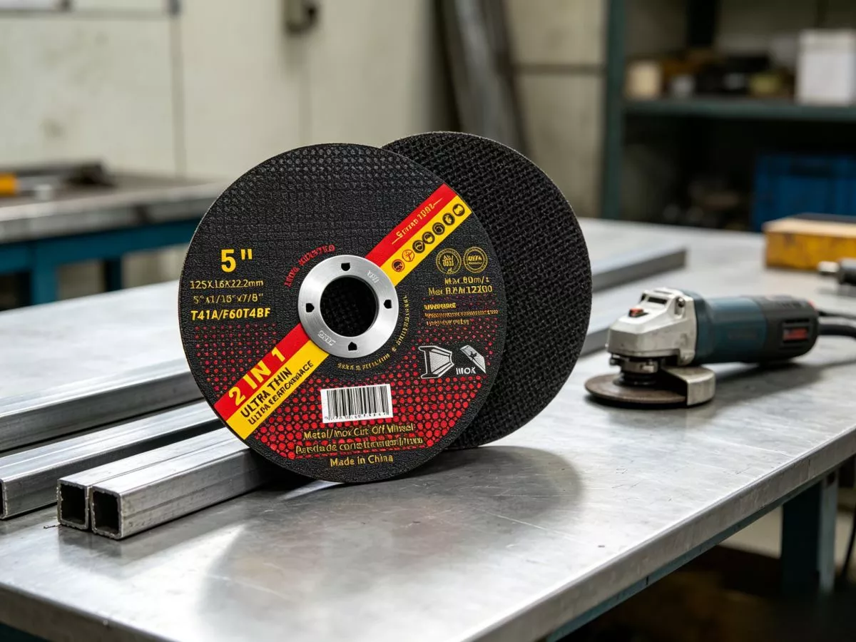 Disco de corte T41 de 125 mm y 5 pulgadas, utilizado en amoladoras angulares compactas para cortar barras de acero de construcción, tuberías de acero inoxidable y piezas automotrices; con un corte ultrafino de 1,6 mm para mayor eficiencia.