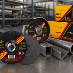 Disco de corte de servicio pesado de 4 1/2 pulgadas, 115×3.0×22.2mm, utilizado en amoladora angular de 115mm para corte de tuberías y perfiles de acero al carbono y acero inoxidable.