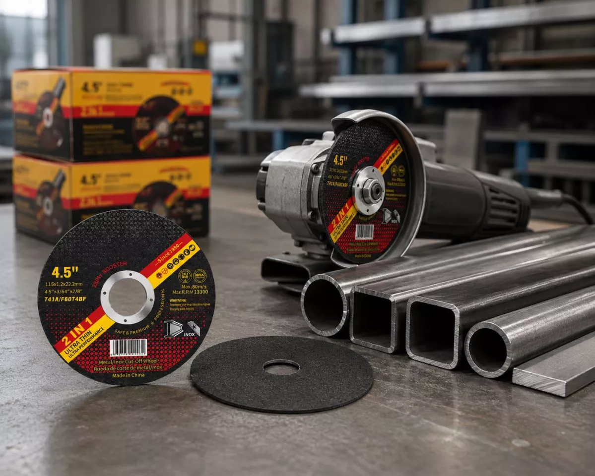 Disco de corte ultrafino de 4,5 pulgadas de 115×1,2×22,2 mm en amoladora angular de 115 mm cortando tuberías y perfiles de acero inoxidable y acero al carbono.