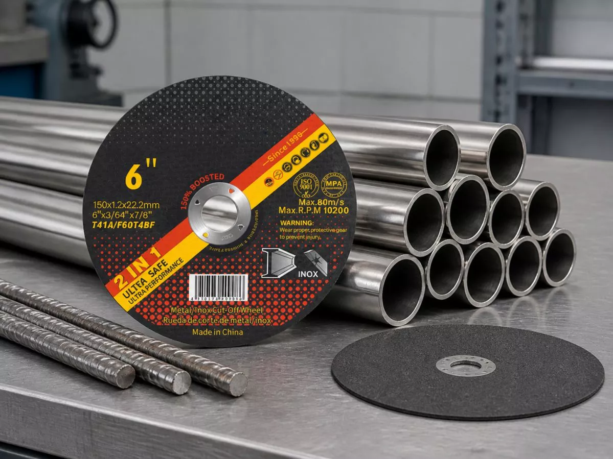 Disco de corte ultrafino T41A de 6 pulgadas (150 mm) para corte de tubos de acero inoxidable y barras de acero, 150x1,2x22,2 mm, máx. 10.200 RPM, abrasivo de óxido de aluminio libre de hierro, al por mayor desde China.