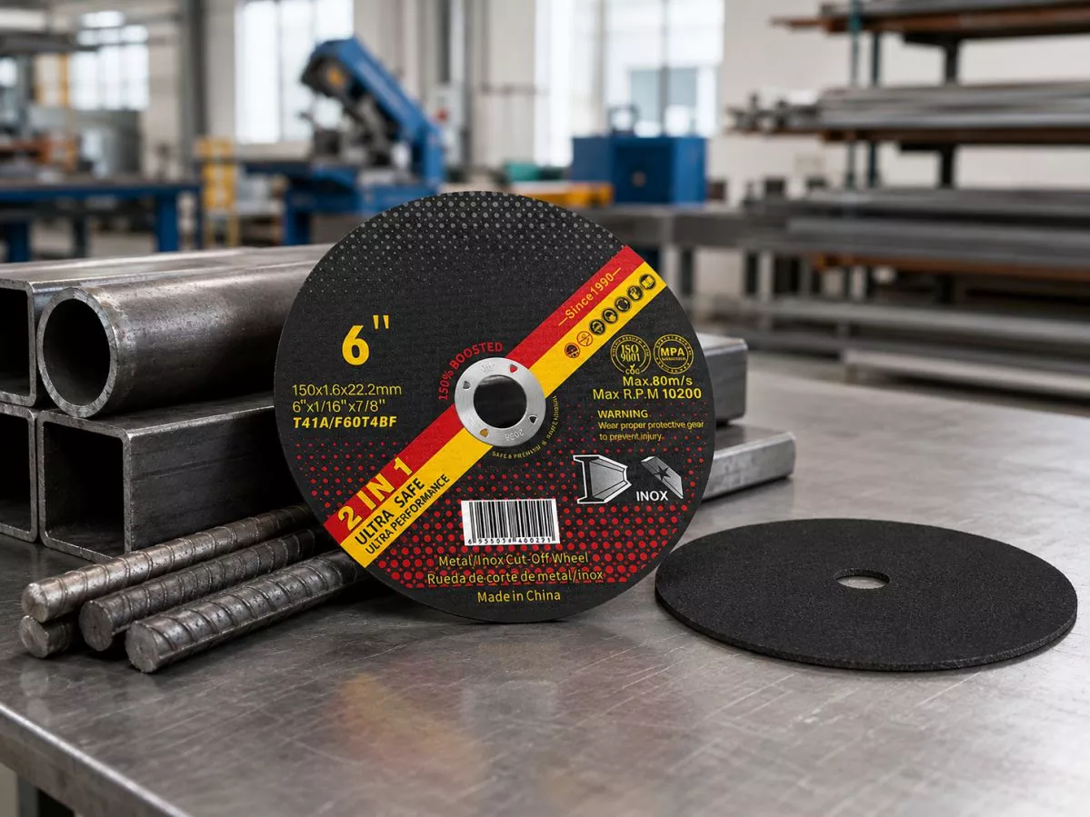Disco de corte de 6 pulgadas (150 mm) aplicado en barras de refuerzo y acero estructural cuadrado